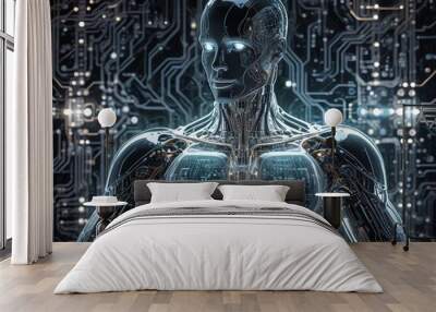 A high-tech illustration of a humanoid figure made of transparent circuits Wall mural