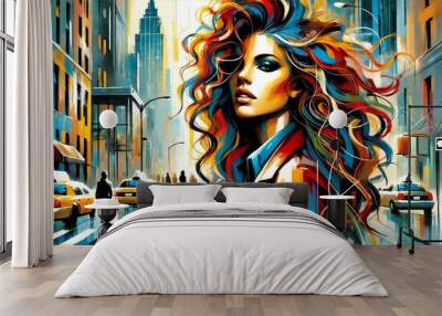 A vibrant, urban portrait in a modern, expressive art style featuring a confident woman with flowing, curly hair Wall mural