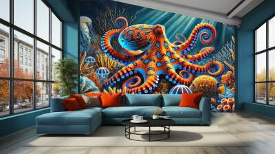 A vibrant and detailed underwater scene featuring a colorful octopus with striking orange and blue patterns on its body Wall mural