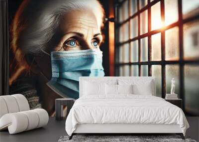 An elderly woman wearing a blue surgical mask, gazing through a window with metal bars Wall mural