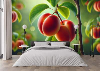 An image of two ripe nectarines hanging from a branch on a leafy green tree Wall mural