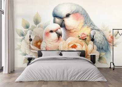 Watercolor illustration of two Parrots with flower blossoms Wall mural