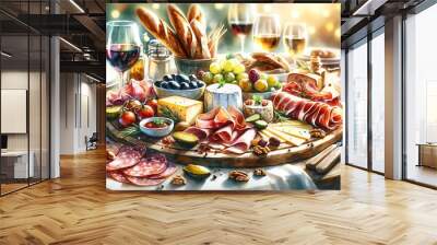 Watercolor Painting of a Dinner-Worthy Charcuterie Board Wall mural