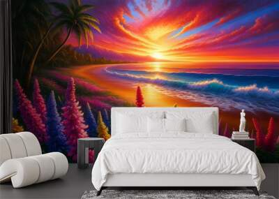 Watercolor painting of Russian Sage flowers on a beach at sunset Wall mural