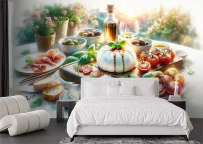 Watercolor Painting of The Ultimate Burrata Cheese Board Wall mural