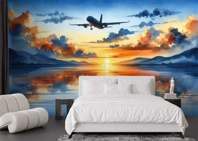 Watercolor Painting Silhouette of a Flying Airplane Wall mural