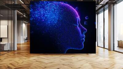 Abstract digital glowing purple blue female face with closed eyes on a black background. Artificial intelligence concept of big data or cyber security.  Wall mural