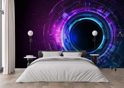 Digital blue and purple tech circle on dark background. Science, futuristic digital technologies concept.  Wall mural