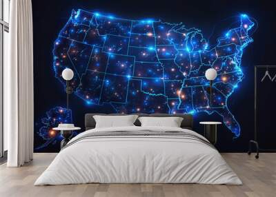 Digital blue map of United States of America with states background, glowing neon lights Wall mural