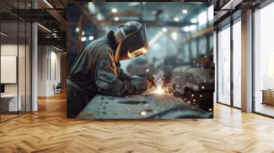 Male welder in a protective helmet, jacket and gloves at work inside the large industrial facility Wall mural