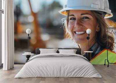 Portrait of smiling European female construction worker on the construction site, wearing a hard hat and work vest. Wall mural