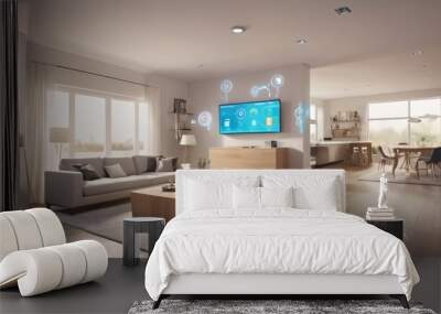 illustrate the concept of the Internet of Things with an image of a smart home, featuring various connected devices and appliances, shot from a low angle with a wide-angle lens Wall mural