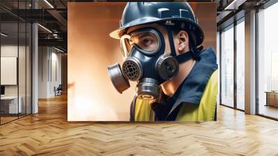 professional a gas mask engineer factory in protective uniform operating machine, Engineering worker in safety hardhat at warehouse industrial facilities, Heavy Industry Manufacturing , An abstract di Wall mural