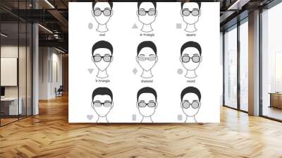 Set of silhouettes of various types of spectacle eyeglasses. Faces shapes to glasses frames comparison scheme. Vector illustration. Wall mural