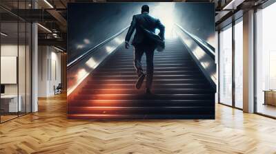 A businessman is running up a stairway, determined to reach his target. the challenge and trouble along the path, he is determined to overcome all obstacles in order to achieve success generative ai Wall mural