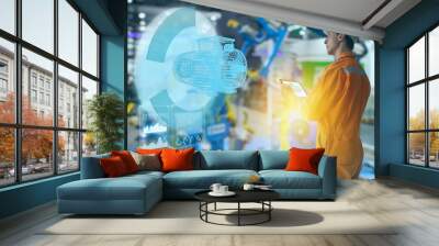 iot smart technology futuristic in industry 4.0 concept, engineer use augmented mixed virtual reality to education and training, repairs and maintenance, sales, product and site design, and more. Wall mural