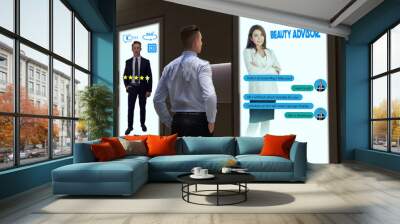 smart retail concept customer use voice command technology combined chatbot on smart digital signage to find the satisfaction suitable suit by use artificial intelligence with augmented mixed virtual Wall mural