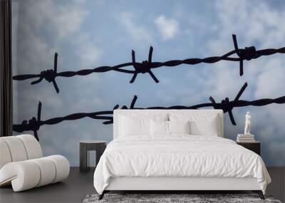 Two barbed wire silhouette with blue sky and clouds background. Wall mural