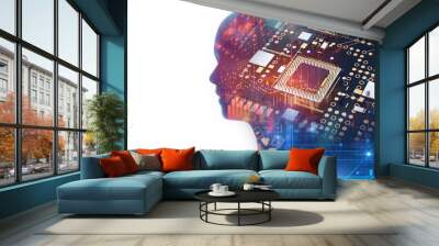 double exposure image of low polygon human head 3d illustration Wall mural