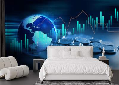 pile of coins on technology financial graph background. Wall mural