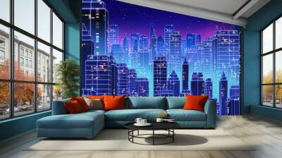 Retro futuristic skyscraper city 1980s style 3d illustration. Wall mural