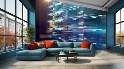 server room 3d illustration with node base programming data  design element. Wall mural