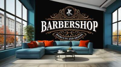 Barbershop hairdresser vintage royal elegant luxury victorian ornamental typographic logo with scissors and comb  Wall mural