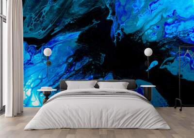 Abstract painting drawn by fluid acrylic technique. Picture with blue, green, emerald, colorful water stains, gradients on dark background. Imitation of northern lights on canvas. Modern art concept. Wall mural