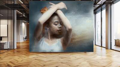 Dancing in flour concept. Cute fitness beauty redhead woman / female / adult dancer performer in dust / fog. Portrait of a girl dancer with ginger hair in flour on isolated backround Wall mural