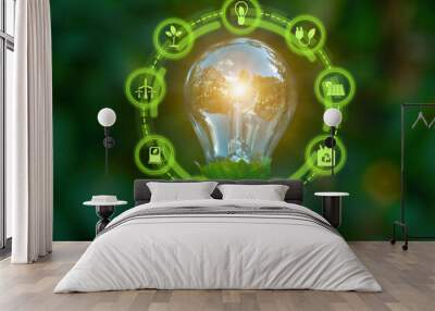 Green energy innovation light bulb with future industry of power generation icon graphic interface. Concept of sustainability development by alternative sources renewable. Ecology and environment. Wall mural