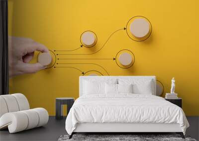 Business process and workflow automation with flowchart. Hand holding wooden cube block arranging processing management on yellow background Wall mural