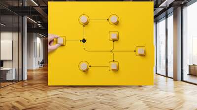 Business process and workflow automation with flowchart. Hand holding wooden cube block arranging processing management on yellow background Wall mural