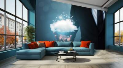 Cloud computing and technology network connection concept. Businessman hand holding cloud server tranfer data device Wall mural