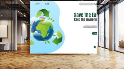 Concept of save energy sustainability or environmental world protection. Web banner, landing page. Vector illustration Wall mural