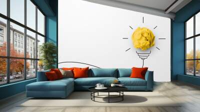 Creative thinking ideas and innovation concept. Paper scrap ball yellow colour with light bulb symbol on white background Wall mural