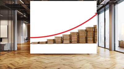 Money coins stack step growing growth saving money and red arrow on white background, Concept finance business investment Wall mural