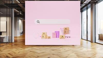 Online shopping concept. Web or mobile application ecommerce. Carton paper box with shopping cart and magnifying glass on pink background with search bar. 3d rendering Wall mural