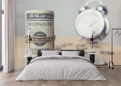 Roll money dollar banknote with coins and clock on table, American US currency bills Wall mural