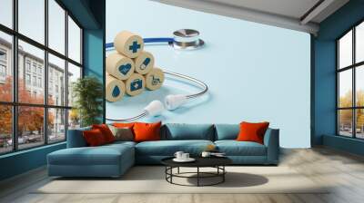 Top view of medical stethoscope and wooden group with icon healthcare on light blue background. Health care insurance concept. 3d rendering Wall mural