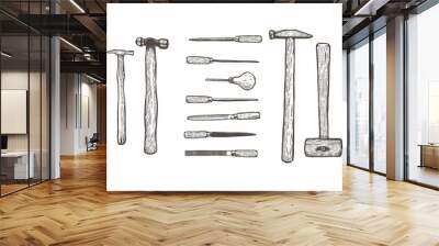  Collection of woodworking tools, craftsmanship and handwork - Hand drawn - Out line Wall mural