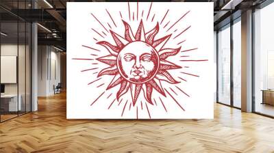 Hand drawn sun with face, decor element. Astrology symbol in vintage engraving style isolated on white background Wall mural