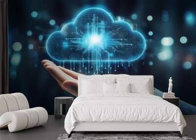 Person hand holding a virtual cloud representing how digital transformation is accelerating as businesses adopt cloud-based solutions to enhance agility and streamline operations Wall mural