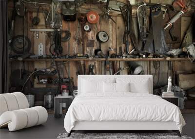 many different old tools hanging on a barn wall Wall mural