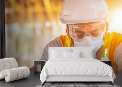 A construction worker focuses on his task, wearing safety gear and a mask, ensuring a safe environment at a job site. Wall mural