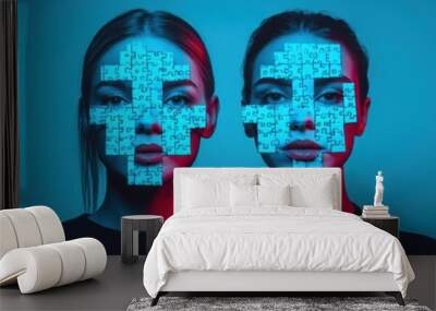 A digital art portrait featuring two women with glowing, patterned facial designs against a blue and red background. Wall mural