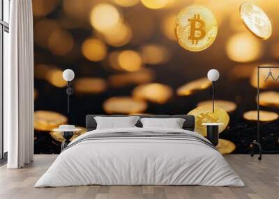 A dynamic scene capturing Bitcoin coins falling against a dark background, representing digital currency and financial innovation. Wall mural