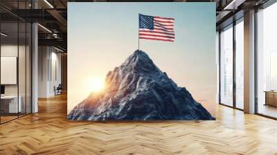 A majestic mountain peak with the American flag waving under a beautiful sunrise, symbolizing patriotism and freedom. Wall mural