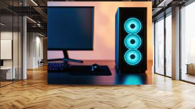 A modern computer setup featuring a sleek CPU tower with vibrant blue LED lights and a minimalist monitor on a wooden desk. Wall mural