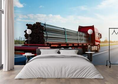 A red truck transporting steel pipes on a clear highway, showcasing the essence of logistics and construction work. Wall mural