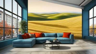 A serene landscape featuring golden wheat fields rolling gently towards green hills under a clear sky, embodying nature's tranquility. Wall mural